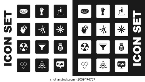 Set Microscope, Molecule, Head and radiation symbol, Petri dish with bacteria, Bacteria, Medical rubber gloves, Poison in bottle and Radioactive icon. Vector