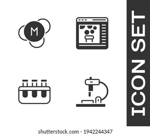 Ajuste el microscopio, la molécula, el tubo de ensayo y el matraz y el icono en línea químico. Vector