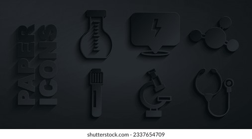 Set Microscope, Molecule, Test tube, Stethoscope, Lightning bolt and  icon. Vector