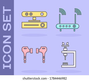 Set Microscope, Motion sensor, Air headphones and Router and wi-fi signal icon. Vector