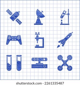 Set Microscope, Motion sensor, Drone flying, Rocket ship with fire, Test tube and flask, Gamepad,  and Satellite icon. Vector