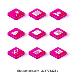 Set Microscope, Notebook, Presentation financial board with graph, schedule, chart, diagram, infographic, pie graph, Exam paper incorrect answers survey, Student and sheet check mark icon. Vector