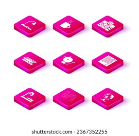 Set Microscope, Paper clip, Office folders with papers and documents, Ringing alarm bell, Earth globe, Exam sheet check mark, School building and Coffee cup icon. Vector