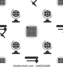 Set Microscope, Processor and Earth globe on seamless pattern. Vector