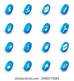 Set Microscope, Sulfur dioxide SO2, DNA symbol, Test tube flask on stand, Radioactive, Molecule and  icon. Vector