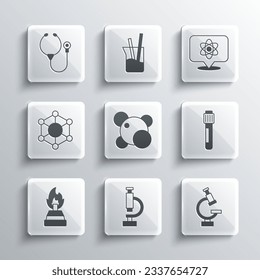 Set Microscope, Test tube, Molecule, Alcohol or spirit burner, Stethoscope and Atom icon. Vector