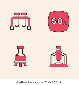 Set Microscope, Test tube, Sulfur dioxide SO2 and  icon. Vector