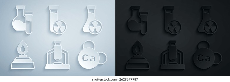 Set Microscope, Test tube with toxic liquid, Alcohol or spirit burner, Mineral Ca Calcium,  and  icon. Vector