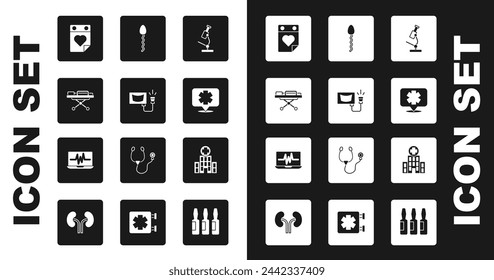 Set Microscope, Ultrasound, Stretcher, Doctor appointment, Medical symbol of the Emergency, Sperm, hospital building and Laptop with cardiogram icon. Vector