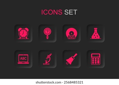 Set Microscope, Unknown search, Alarm clock, Ringing bell, Test tube, Calculator, CD DVD disk and Laptop icon. Vector