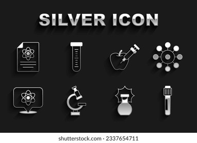 Establecer microscopio, virus, tubo de ensayo, explosión en el matraz, átomo, manzana modificada genéticamente, informe de química e icono. Vector