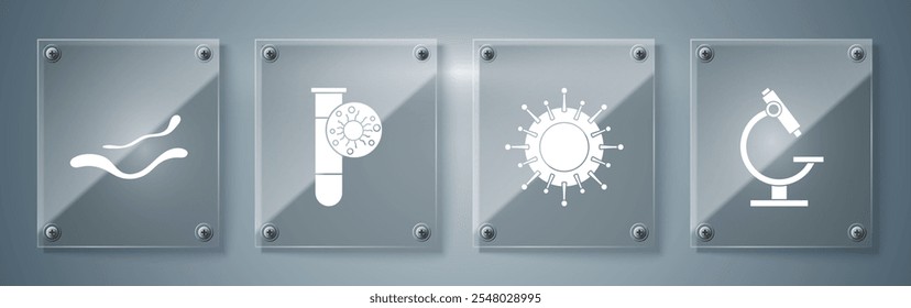 Set Microscope, Virus, Test tube with virus and Ebola virus disease. Square glass panels. Vector