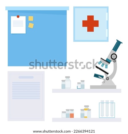 Set of microscope, whiteboard, medical poster and first aid kit