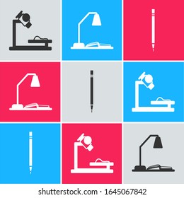 Set Microscope, Workplace with table lamp and open book and Pencil with eraser icon. Vector