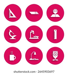 Set Microscope, Workplace with table lamp and open book, Award cup, Ruler, Coffee, Student and Triangular ruler icon. Vector