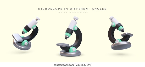 Set of microscopes in different positions. Metal, plastic, glass texture. Laboratory equipment for research. Apparatus for zooming in and enlarging image