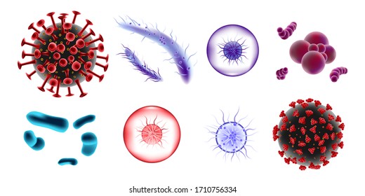 Set of microscopic 3d bacteria and viruses. Microbiology vector bacterium and Bifidobacterium germ isolated. Medical virus molecule illustration