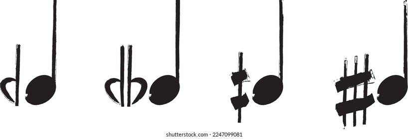 Set of the Microtones symbols. Demiflat, Flat-and-a-half (sesquiflat), Demisharp, Sharp-and-a-half (sesquisharp). Musical signs aesthetics. Black ink handwriting. Vector