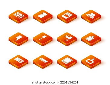 Set Microwave oven, Air conditioner, Meat chopper, Spatula, Electronic scales, Electric mixer, Sauce bottle and Cutting board icon. Vector