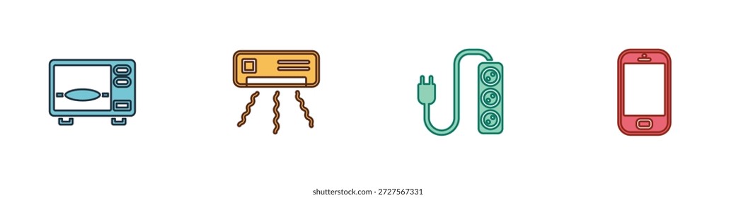 Set Mikrowellenherd, Klimaanlage, elektrische Erweiterung und Handy-Symbol. Vektorgrafik