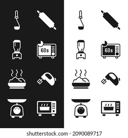 Set Microwave oven, Blender, Kitchen ladle, Rolling pin, Bowl of hot soup, Electric mixer,  and Scales icon. Vector