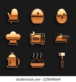 Set Microwave oven, Bowl of hot soup, Kitchen hammer, Covered with tray food, French press, Chef hat, Broken egg and Oven glove icon. Vector