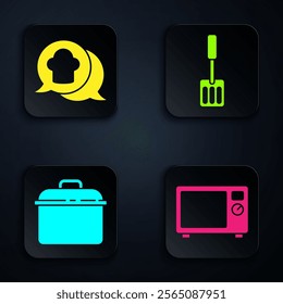 Set Microwave oven, Chef hat in speech bubble, Cooking pot and Spatula. Black square button. Vector