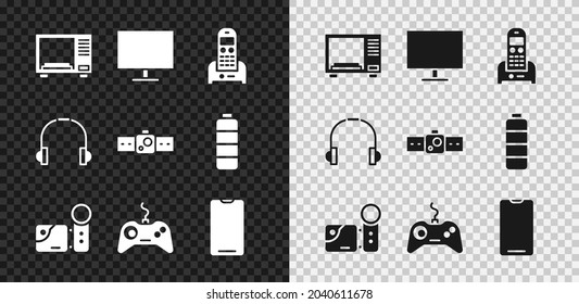Set Microwave oven, Computer monitor screen, Telephone, Cinema camera, Gamepad, Smartphone, mobile, Headphones and Smartwatch icon. Vector