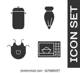 Ponga horno microondas, olla de cocina, delantal de cocina y bolsita de pastelería para decorar el icono de los pasteles. Vector