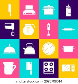 Set Microwave oven, Cooking pot, Rolling pin, Coffee, Electric mixer, Knife and Blender icon. Vector