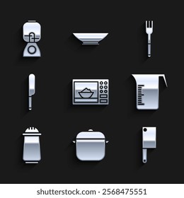 Set Microwave oven, Cooking pot, Meat chopper, Measuring cup, Salt and pepper, Knife, Fork and Blender icon. Vector