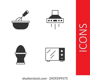 Set Horno de microondas, batidor de cocina con tazón, huevo de pollo en el soporte y extractor de cocina icono de ventilador. Vector