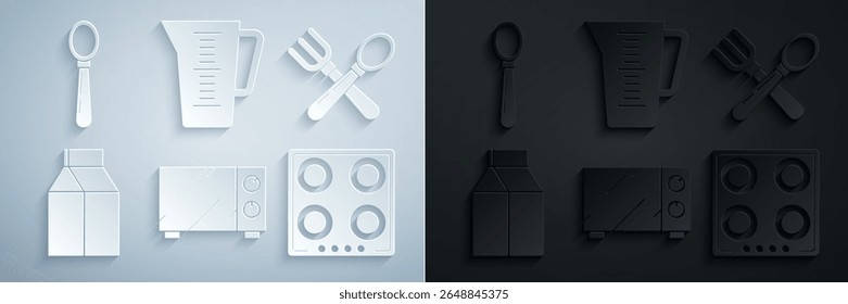 Set Microwave oven, Crossed fork and spoon, Paper package milk, Gas stove, Measuring cup and Spoon icon. Vector