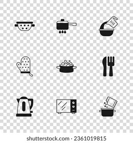 Set Microwave oven, Crossed knife and fork, Cooking pot spice, Measuring cup bowl, Kitchen colander, on fire and Oven glove icon. Vector
