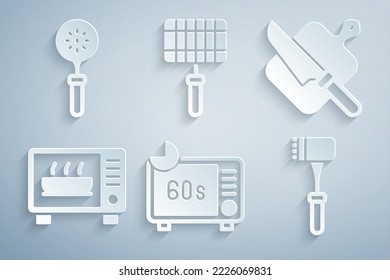 Set Microwave oven, Cutting board and knife, Kitchen hammer, Barbecue steel grid and Spatula icon. Vector
