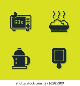Set Horno de microondas, tabla de cortar, prensa francesa y tazón de icono de sopa caliente. Vector