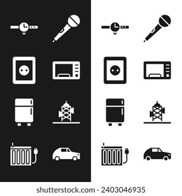 Set Microwave oven, Electrical outlet, Wrist watch, Microphone, Refrigerator, Antenna, Car and Heating radiator icon. Vector