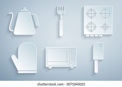 Set Microwave oven, Gas stove, Oven glove, Meat chopper, Fork and Kettle with handle icon. Vector