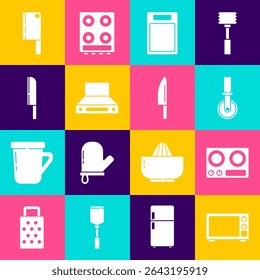 Set Microwave oven, Gas stove, Pizza knife, Cutting board, Kitchen extractor fan, Knife, Meat chopper and  icon. Vector