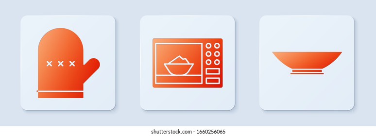 Set Microwave oven, Oven glove and Bowl. White square button. Vector