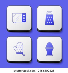 Set Microwave oven, Grater, Oven glove and Chicken egg on stand icon. White square button. Vector