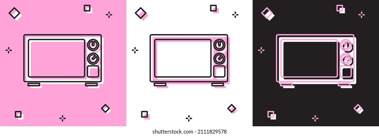 Set Microwave oven icon isolated on pink and white, black background. Home appliances icon.  Vector
