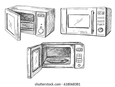 Set microwave oven isolated on white background. Vector illustration of a sketch style.