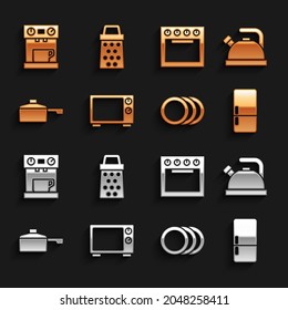 Set Microwave oven, Kettle with handle, Refrigerator, Plate, Frying pan, Oven, Coffee machine and Grater icon. Vector