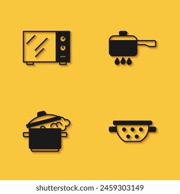 Set Microwave oven, Kitchen colander, Cooking pot and on fire icon with long shadow. Vector
