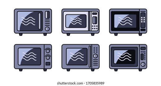 Set mit Mikrowellenherd, Küche Symbol einzeln auf weißem Hintergrund. Einfache Silhouette-Wohnung-Stil. Vektorillustration.