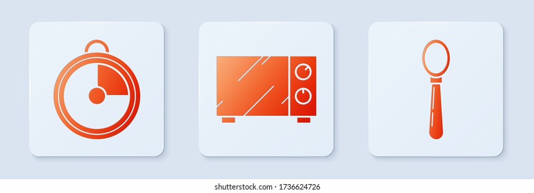 Set Microwave oven , Kitchen timer  and Spoon . White square button. Vector