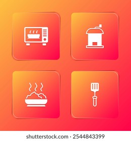 Set de horno de microondas, molinillo de café manual, cuenco de sopa caliente y espátula de barbacoa icono. Vector