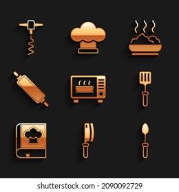 Set Microwave oven, Meat chopper, Teaspoon, Barbecue spatula, Cookbook, Rolling pin, Bowl de sopa caliente e ícono de Wine corkbolt. Vector