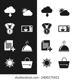 Set Microwave oven, Medal, Cloud download, Sun and cloud weather, Add new file and Covered with tray of food icon. Vector